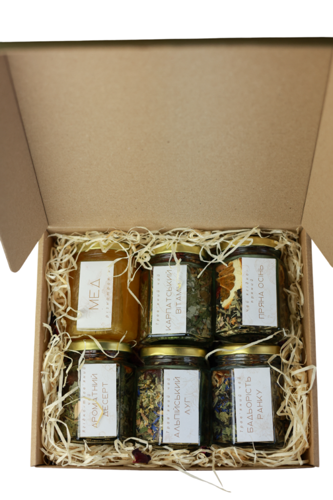Подарунковий бокс «6 різних смаків» — набір із шести фіточаїв та меду/варення у натуральній подарунковій упаковці.